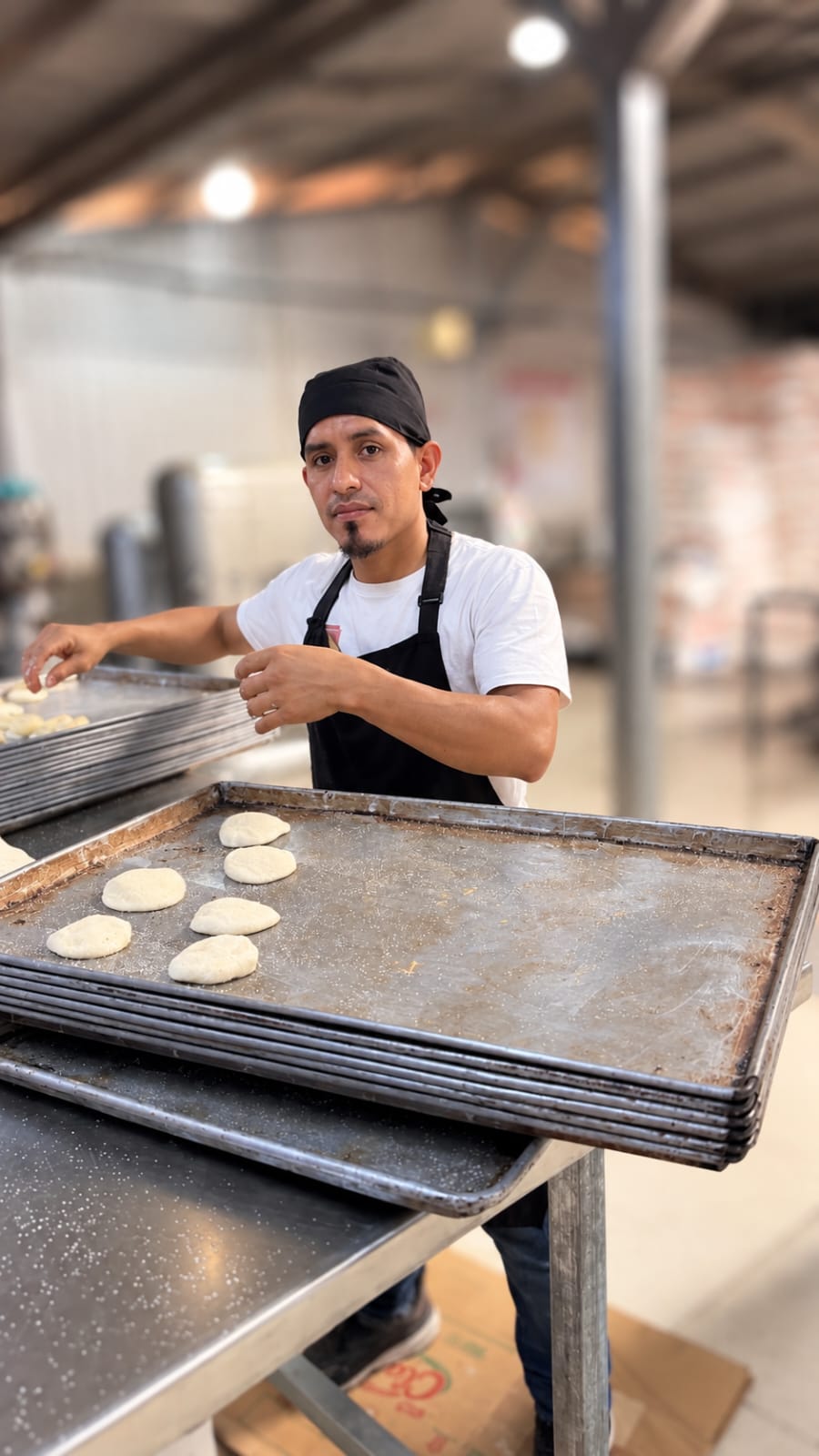 Colaborador preparando galletas en bandeja